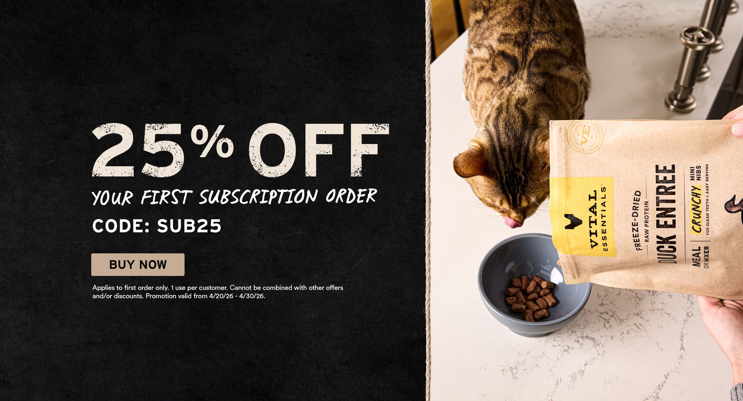 Cat eating from a bowl as duck entree cat food is poured; offering 25% off your first subscription order with code SUB25.