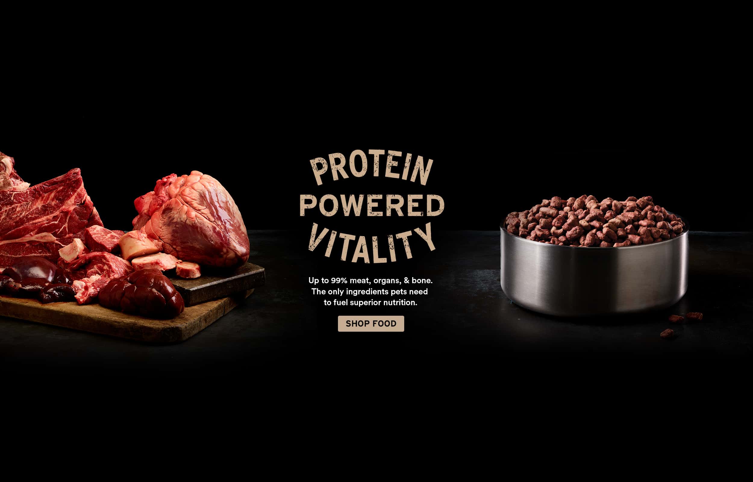 Raw meat and organs on a cutting board next to a bowl of mini nibs. Text reads "Protein Powered Vitality" with a shop food button below.